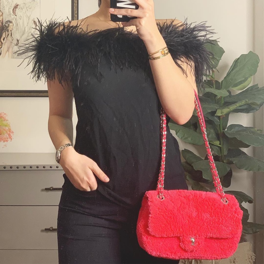 reformation ostrich feather off the shoulder top